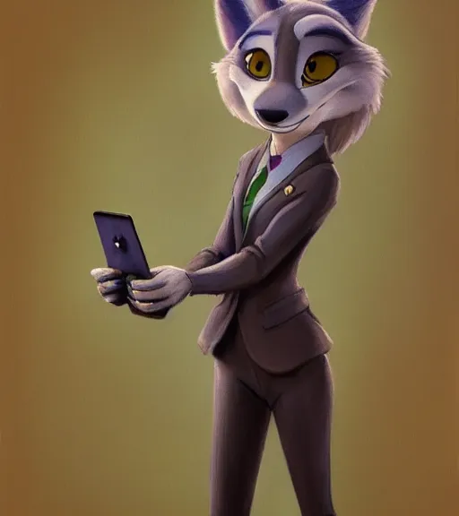 Image similar to oil painting of full body of anthromorphic female wolf, in style of zootopia, zootopia, zootopia, fursona, furry, furaffinity, 4 k, deviantart, furry art, fursona art, wearing black business suit, business suit, in style of zootopia, wolf fursona, cyberpunk, female, expressive detailed feminine face,