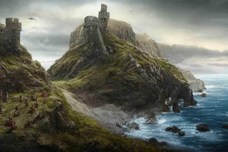 Image similar to 2 medieval warriors travelling on a cliff to a background castle , view of a coast line landscape , English coastline, Irish coastline, scottish coastline, perspective, folklore, King Arthur, Lord of the Rings, Game of Thrones. Photographic, Photography, photorealistic, concept art, Artstation trending , cinematic lighting, cinematic composition, rule of thirds , ultra-detailed, dusk sky , low contrast, natural lighting, fog, realistic, light fogged, detailed, atmosphere hyperrealistic , volumetric light, ultra photoreal, 35mm, Matte painting, movie concept art, hyper-detailed, insanely detailed, corona render, octane render, 8k