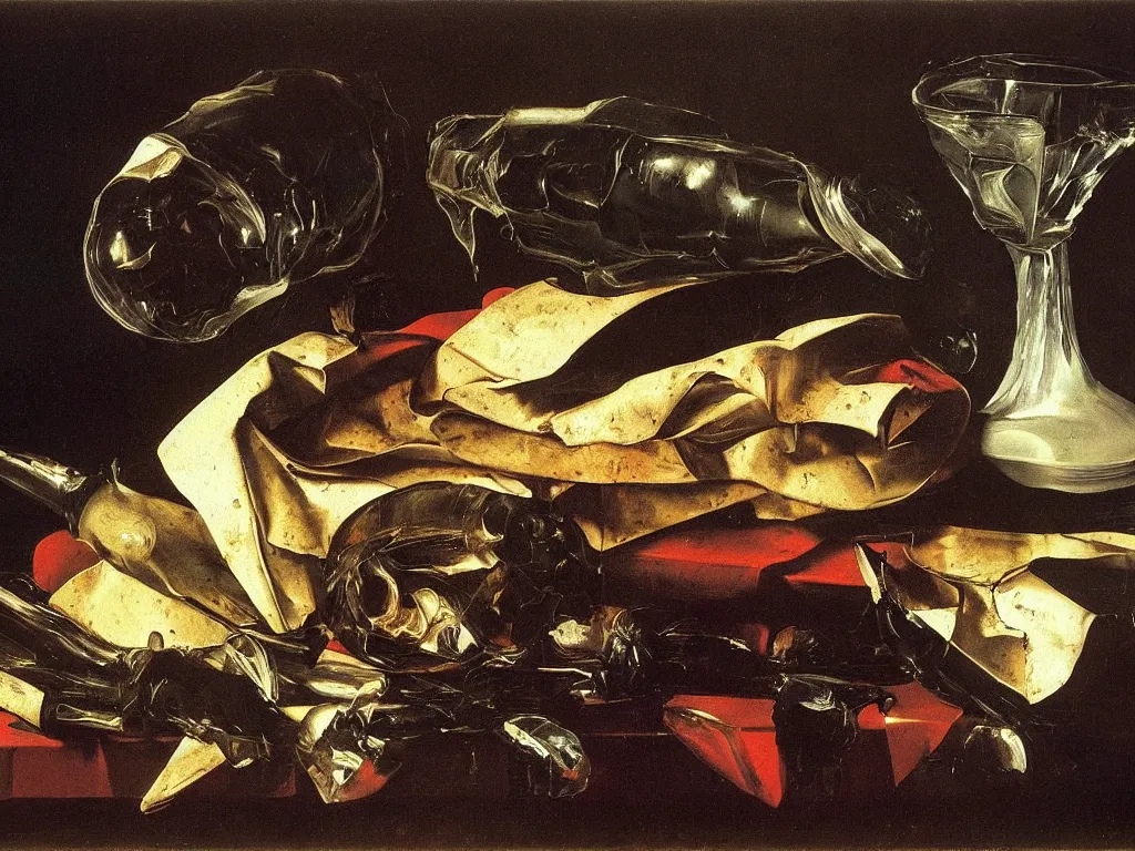 Image similar to by Michelangelo Merisi da Caravaggio Still Life with shattered and whole wine bottles