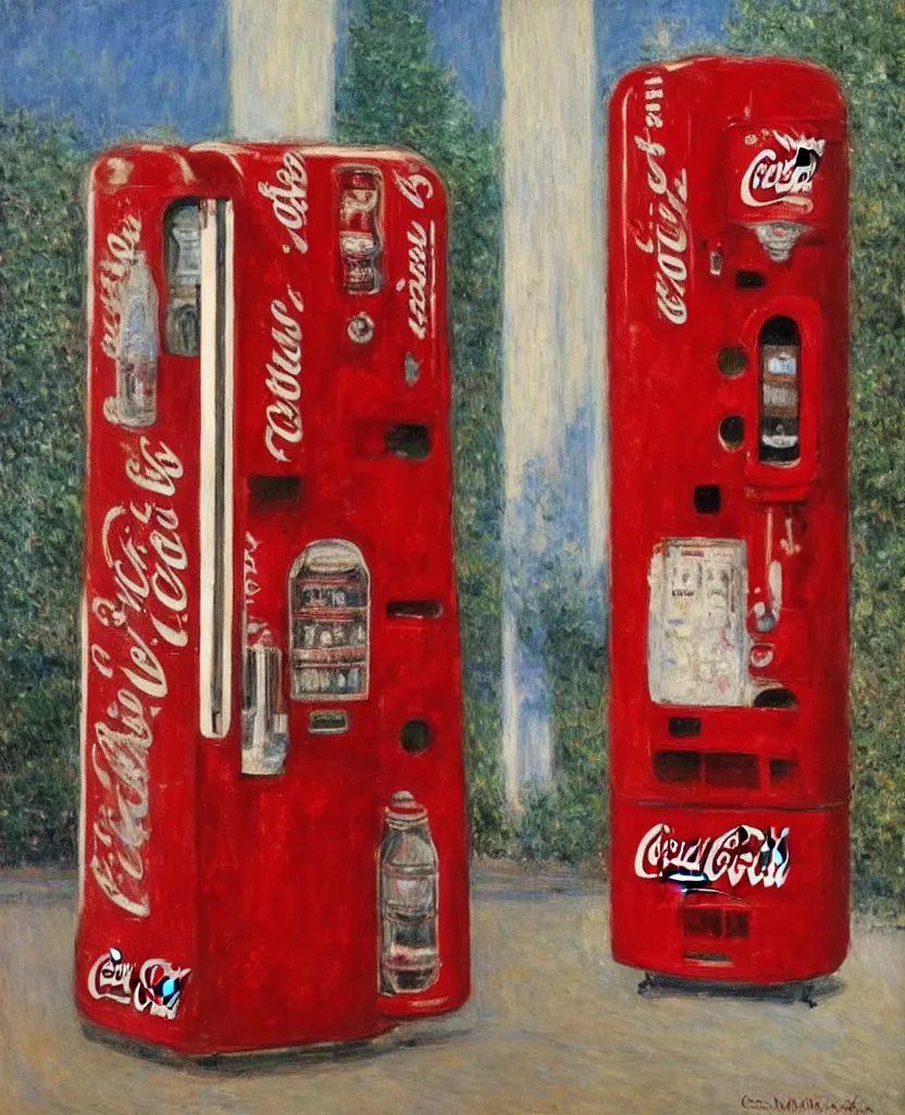 Prompt: achingly beautiful oil painting of 1 9 4 0 s coca - cola vending machine by monet, hopper, and magritte. centered, red and white.