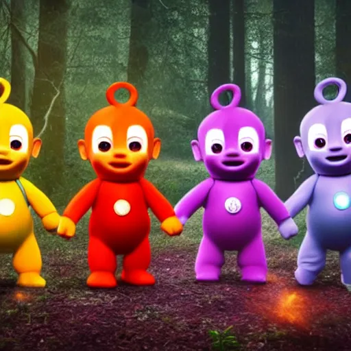 Image similar to A group of 4 Teletubbies that are part of a demonic cult, in the dense woods at night, laughing while in the act making a human sacrifice to Norse gods. Highly detailed, rendered in unreal engine 5, daguerreotype portrait.