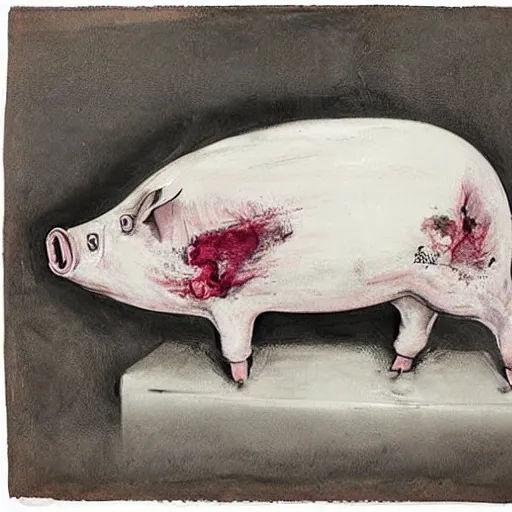 Image similar to “pig paintings and pig sculptures in a pig art gallery, pork, ikebana white flowers, white wax dripping, squashed raspberry stains, charcoal on paper, by munch and Dali”