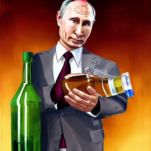 Image similar to putin holding a bottle of alcohol named arak, cinematic, beautiful digital painting, hyper detailed