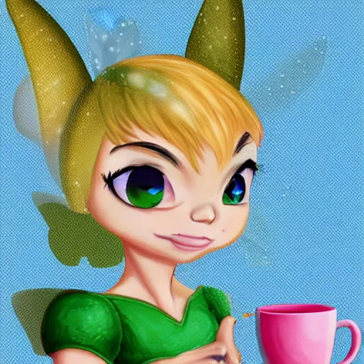 Image similar to digital painting of chibi Tinkerbell reclining and drinking coffee 4k detailed