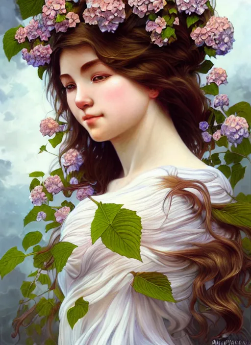 Prompt: realistic photographic perfect portrait of a anthropomorphic hydrangea blossom, fantasy, wind blowing hair, intricate, elegant, highly detailed, digital painting, artstation, concept art, smooth, super sharp focus, illustration, art by artgerm and h r giger and alphonse mucha