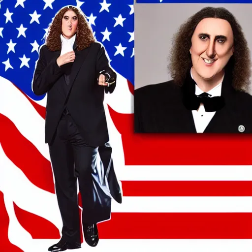Prompt: weird al as a us president pushing the red button