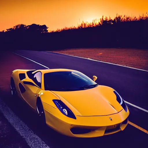 Prompt: a vibrant photograph of a man driving a yellow ferrari, wide shot, outdoors, sunset photo at golden hour, wide-angle lens, soft focus, shot on iPhone 6