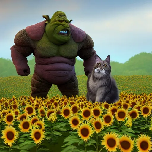 Image similar to ogre in lether armor petting a cat in sunflower fields, award winning, trending on artstation, unreal engine