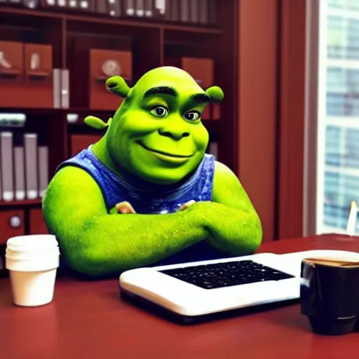 Image similar to a photo of shrek in an office, doing work behind a computer, being bored, with a cup of coffee next to him.