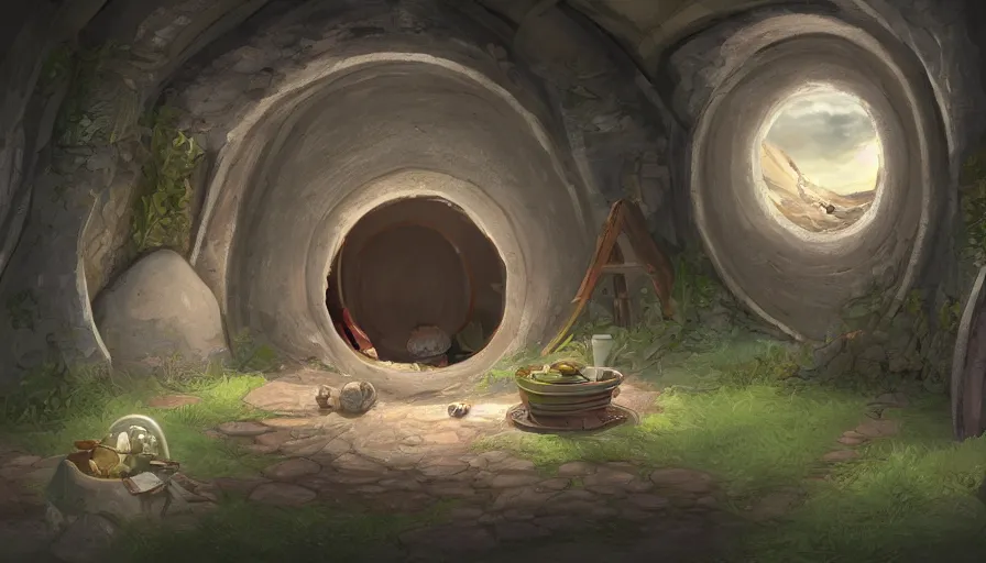 Image similar to concept art of the inside of a comfortable hobbit - hole, digital art, trending on artstation