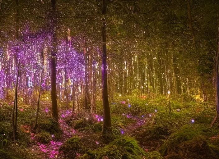 Image similar to a magical forest with crystal flowers that glow in the dusk,