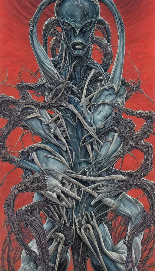 Image similar to Elden Ring and Guyver themed painting of symmetrical torso alien dissection anatomy with crossed hands concept, intricate artwork by H.R. Giger, Johnatan Wayshak, Zdizslaw Beksinski, Ayami Kojima, Amano, Karol Bak, Moebius, and Mark Brooks, Neo-Gothic, gothic, rich deep colors, art by Takato Yamamoto, masterpiece, face by Artgerm, very coherent artwork, cinematic, hyper realism, high detail, octane render, unreal engine, 8k, High contrast, golden ratio, trending on cgsociety