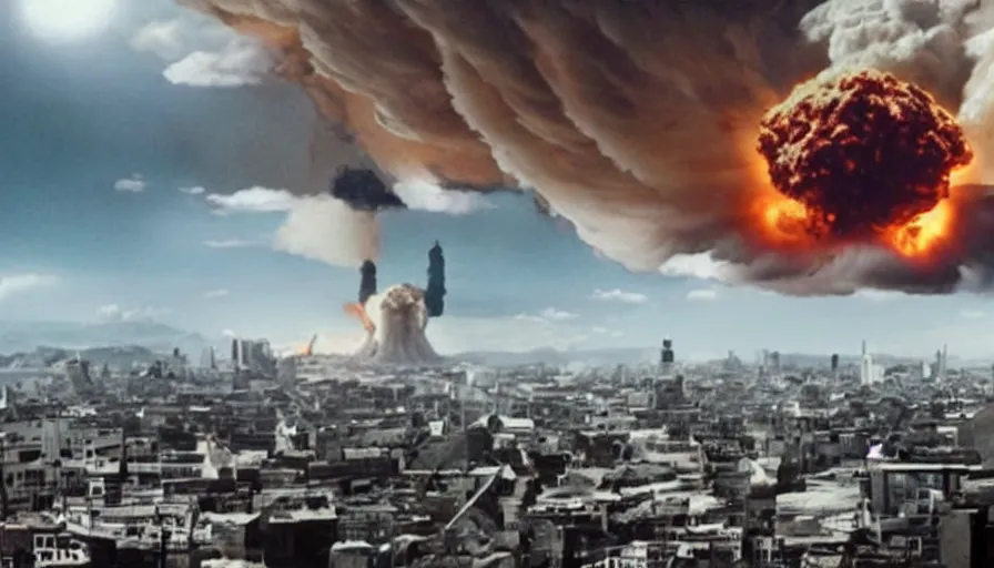 Image similar to big budget action movie about a nuclear explosion destroying a city