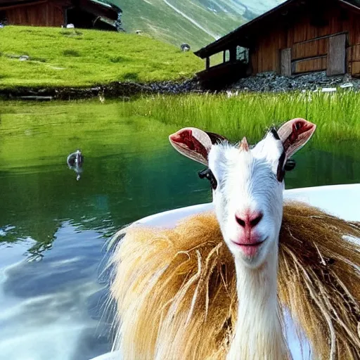 Image similar to dragonfly in a bathtub in the alps, goats!!!!!! sheeps!!! in background