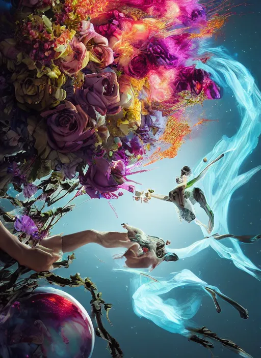 Prompt: An epic fantastic realism comic book style painting of the most beautiful entwined flowers launched gracefully across the dark spinning universe, tornado of bouquets, fisheye, unreal 5, DAZ, hyperrealistic, octane render, dynamic lighting