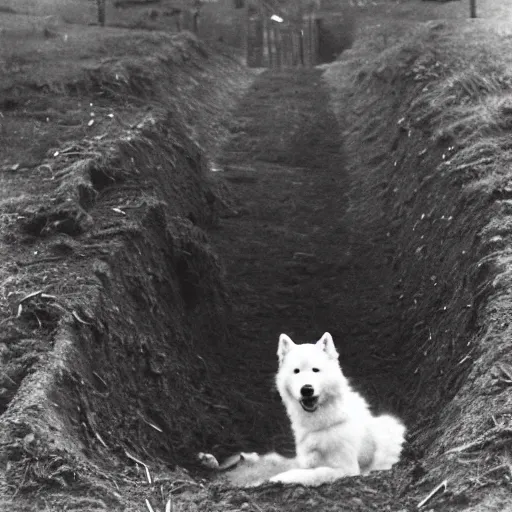 Image similar to a samoyed dog in a ww1 trench, grainy photo