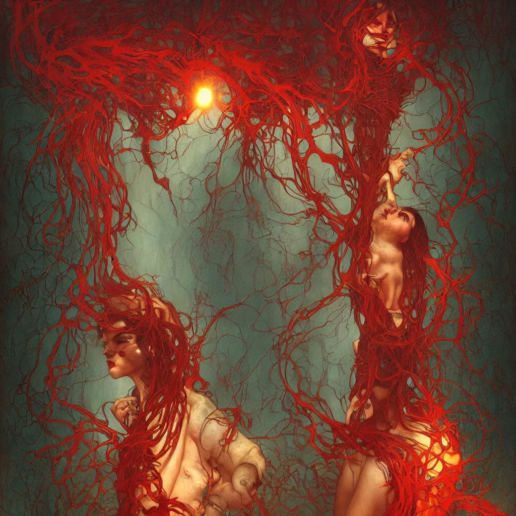 Image similar to bella poarch by chris mars and beksinski, red veins by alphonse mucha, intense lighting, light beams, lens flare, intricate, elegant, nightmare, highly detailed, digital painting, artstation, concept art, smooth, sharp focus, illustration