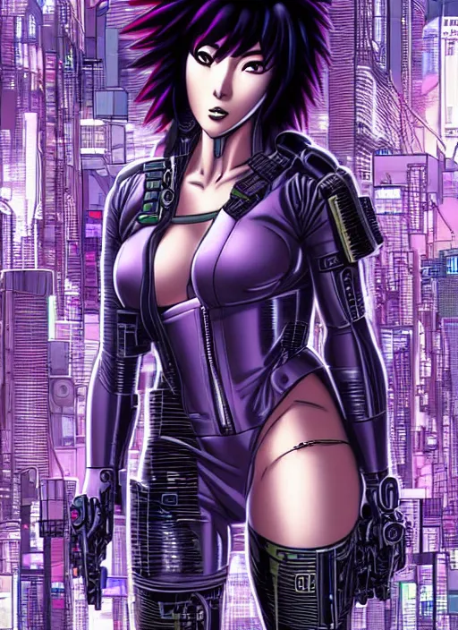 Image similar to motoko kusanagi in grungy cyberpunk megacity, intricate and finely detailed, cyberpunk vaporwave, portrait by j scott campbell