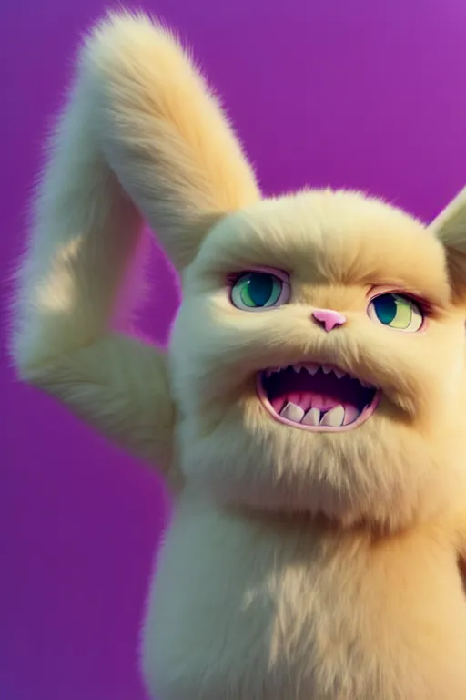 Prompt: high quality 3 d render hyperrealist very cute pastel fluffy! grumpy gargoyle cat hybrid eating giant ice cream full body, vray smooth, in the style of detective pikachu, hannah yata charlie immer, dramatic pink light, low angle, uhd 8 k, sharp focus