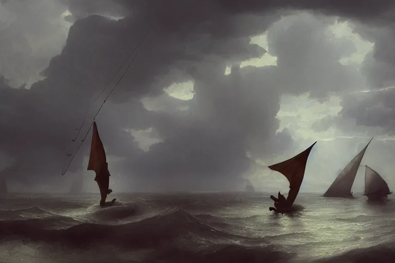 Image similar to ancient historically accurate depiction of Bible Character walking on water during a storm, a small fishing sailboat with scared sailors on board, dramatic lighting by frank miller, illustration by Ruan Jia and Mandy Jurgens and William-Adolphe Bouguereau, Artgerm, 4k, digital art, surreal, space dandy style, highly detailed, godsend, artstation, digital painting, concept art, smooth, sharp focus, illustration by Ruan Jia and Mandy Jurgens and William-Adolphe Bouguereau, Artgerm