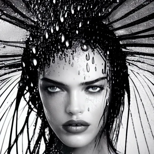 Image similar to close up of face of a wet adriana in luxury dress, heavy rain, dramatic lighting, official dior editorial, highly detailed