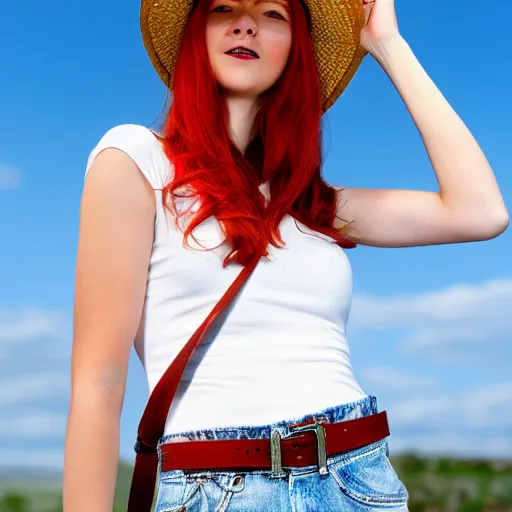 Prompt: red headed young woman wearing a wide brimmed straw hat and a fanny pack, belt bag, bum bag