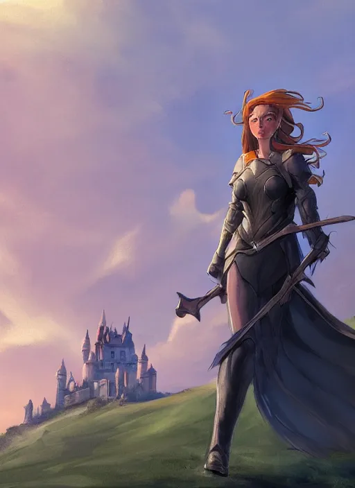 Image similar to fantasy heroine looking heroically at the sky at dusk, profile, in the style of Milica Čeliković and James Daly, artstation, digital art, full body, detailed face, castle in the background