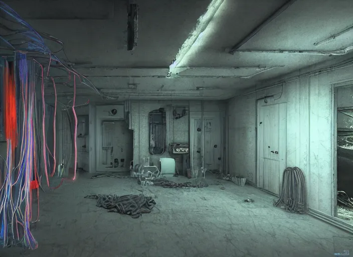 Prompt: rgb wires, basement, cinematic, movie scene, inspired by zdzislaw beksinski, veins,, cables everywhere, bedroom, ultra realistic, concept art, intricate details, highly detailed, photorealistic, octane render, 8 k