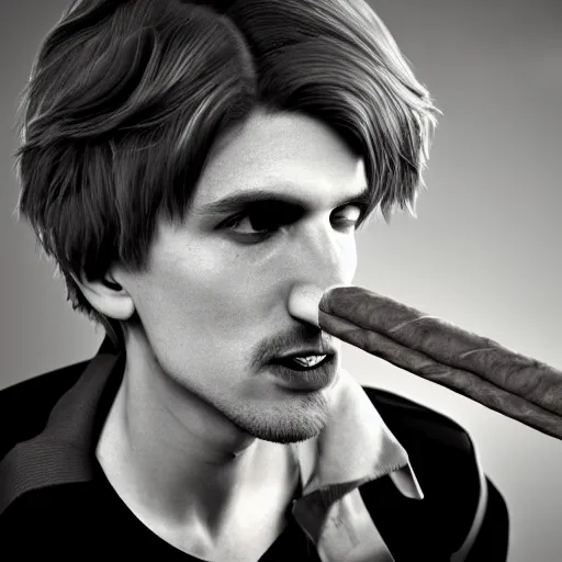 Image similar to a high quality photo of xqc smoking a cigar, 3d scene, render, ultra realistic, artstation, cgsociety