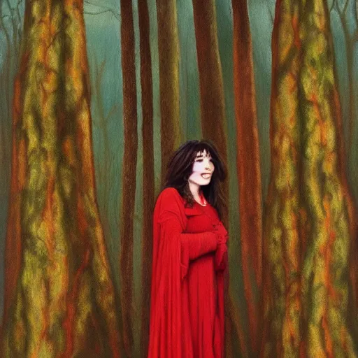 Image similar to kate bush standing in a red leafed a forest where no one is around to hear it, incredibly detailed oil painting, high octane, trending on artstation, incredible fineline, regal, fine art museum piece, drum scanner