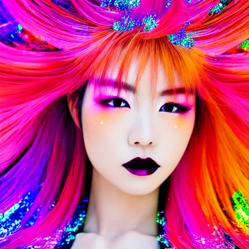 Image similar to japanese model with maximalist hair style and makeup, bright colors, fashion model, portrait shot, glitter, depth of field, 8 k, hyper detailed, intricate, trending on artstation