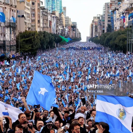 Image similar to Lady Gaga as president, Argentina presidential rally, Argentine flags behind, bokeh, giving a speech, detailed face, Argentina