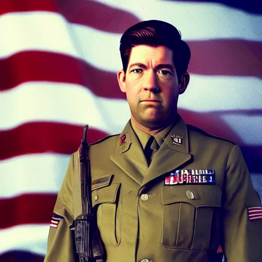 Image similar to general patton but as john krasinski standing in front of american flag, perfect face, sharp focus, illustration, octane render