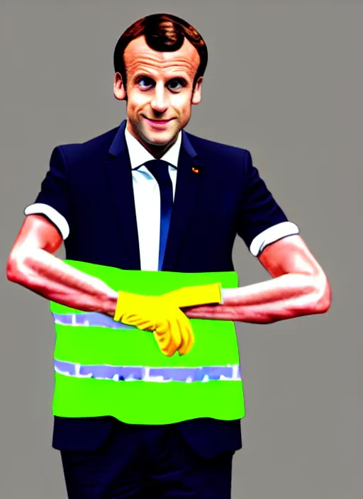 Prompt: emmanuel macron wearing hivis and rubber gloves, digital art