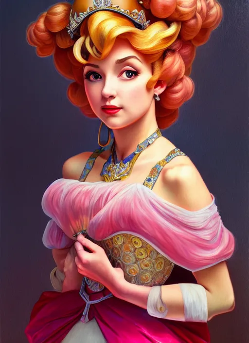 Prompt: oil portrait of princess peach from super mario, intricate, elegant, highly detailed, lighting, painting, artstation, smooth, illustration, art by greg rutowski and alphonse mucha