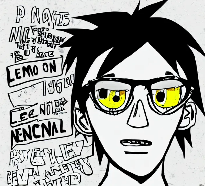 Image similar to a digital drawing of young neil cicierega in a kawaii emo / scene the gorillaz style, with text that says lemon demon trending on pixiv, trending on deviantart