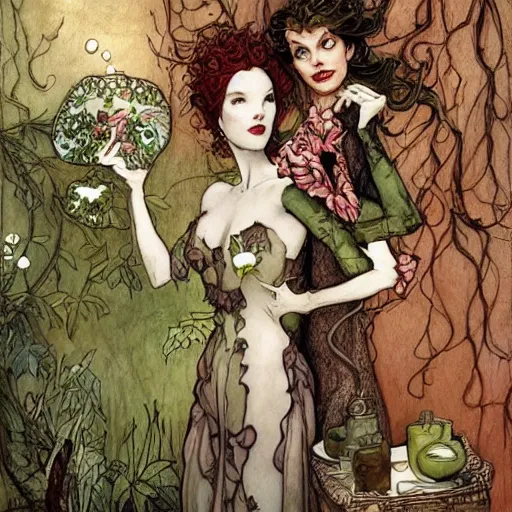 Image similar to a beautiful picture of doctor poison ivy professor of botany and doctor liliana onyx professor of demonology having lunch, academic clothing, dark eyeliner, intricate, elegant, highly detailed, digital painting, artstation, concept art, matte, sharp focus, illustration, art by rebecca guay and by arthur rackham and by john william waterhouse