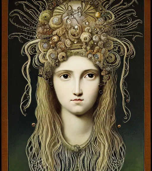 Image similar to portrait of a gorgeous sublime young goddess with intricate decorative jellyfish headdress and beautiful eyes, clear lines, detailed painting by christian rex van minnen and ernst haeckel and james jean