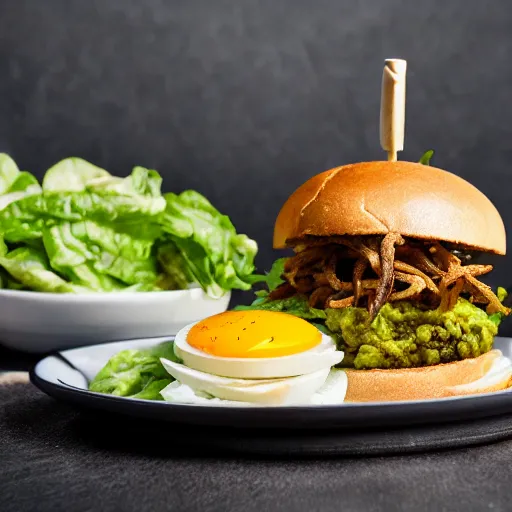 Image similar to vegan hamburger guacamole and crispy fried onion and fried egg toppings, crispy buns, 8 k resolution, professional food photography, studio lighting, sharp focus, hyper - detailed