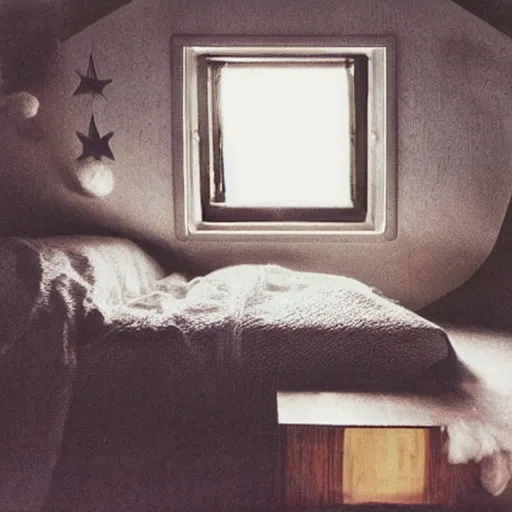 Image similar to Cozy bedroom aboard a flying ship window looks on moonlit clouds and stars, soft bed blankets wood paneling hyperrealism