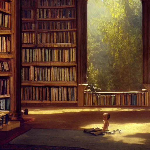 Prompt: a beautiful giant tree growing in the middle of an ancient Victorian library indoors. a child reading a book under a library tree. by Albert Bierstadt, ultra-realistic, 4K, featured on artstation