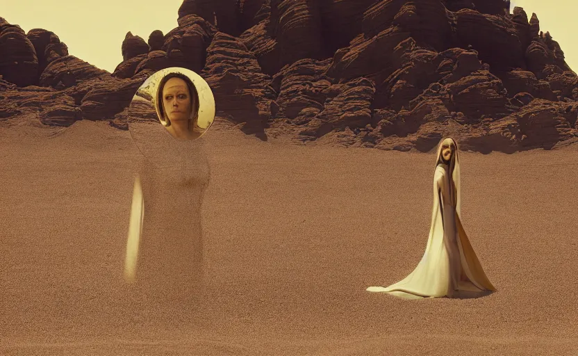 Prompt: levitating bene gesserit with fractal mirror dress with white flowers and fullface golden mask inside a thick black smoke in rocky desert landscape, sand alien city in the landscape, burning earth by gaspar noe and christopher doyle, anamorphic lens, anamorphic lens flares, kodakchrome, cinematic composition, practical effects, award winning photo, 8 k