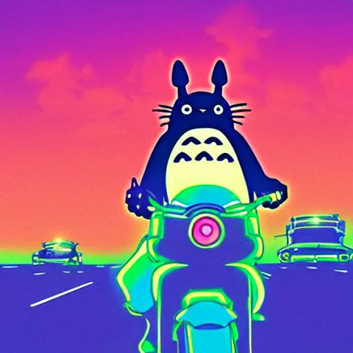 Image similar to totoro riding a motorbike on a synthwave background. Colorful neon artwork