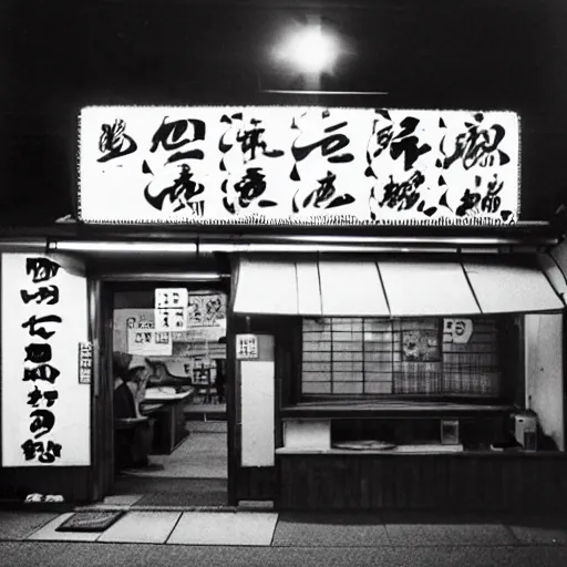 Prompt: photograph of a ramen shop in 1960s Japan, kodak, 10mm, nighttime