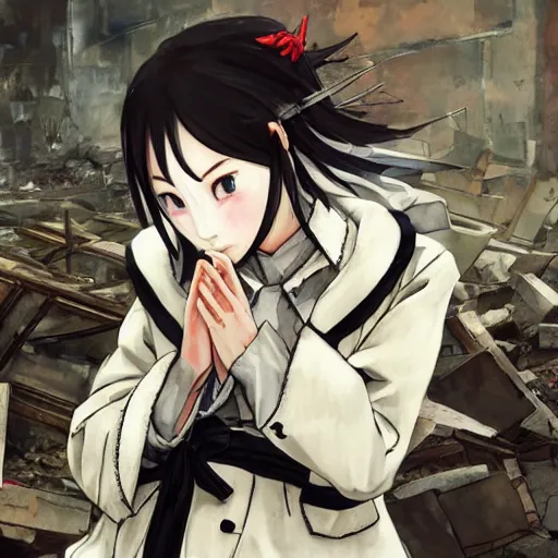 Prompt: cute japanese girl with small horns, sharp and pointy vampire teeth, dressed in an old white coat, praying on the floor of a destroyed church, with her eyes and mouth closed and an evil smile, full body, complex artwork by Yoji Shinkawa