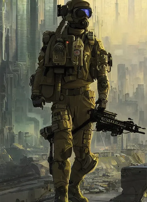 Image similar to Ezra. USN special forces futuristic recon operator, cyberpunk military hazmat exo-suit, on patrol in the Australian autonomous zone, deserted city skyline. 2087. Concept art by James Gurney and Alphonso Mucha. (mgs, rb6s)