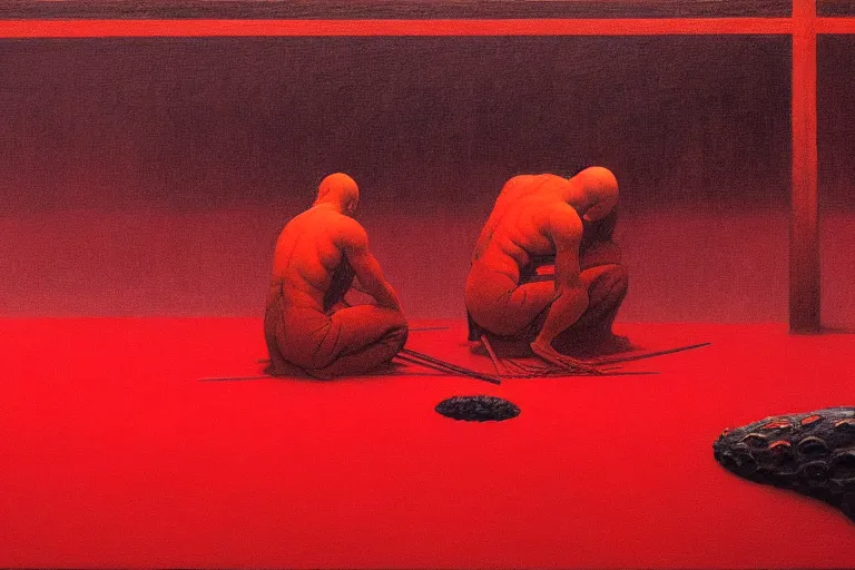 Image similar to only with red, a red samurai do seppuku, tokio, a lot of frogs watch, in the style of beksinski, parts by edward hopper, parts by rodcenko, parts by yue minjun, intricate and epic composition, red by caravaggio, insanely quality, highly detailed, masterpiece, red light, artstation, 4 k