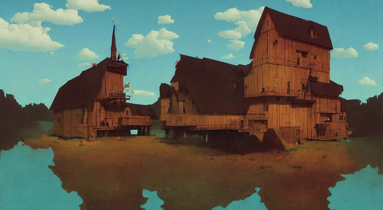 Prompt: single flooded simple divine wooden tower, very coherent and colorful high contrast!! masterpiece by rene magritte simon stalenhag carl spitzweg syd mead norman rockwell edward hopper james gilleard, minimalist, dark shadows, sunny day, hard lighting