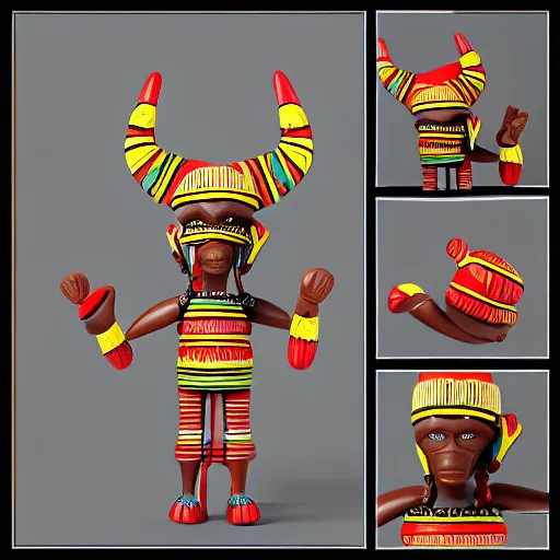 Image similar to african tribal chief vinyl art toy, detailed product photo, 3 d render,