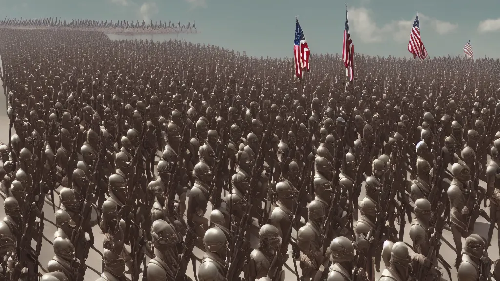 Prompt: Obama clones marching for war dress like the army from 300; render by Beeple, 4K